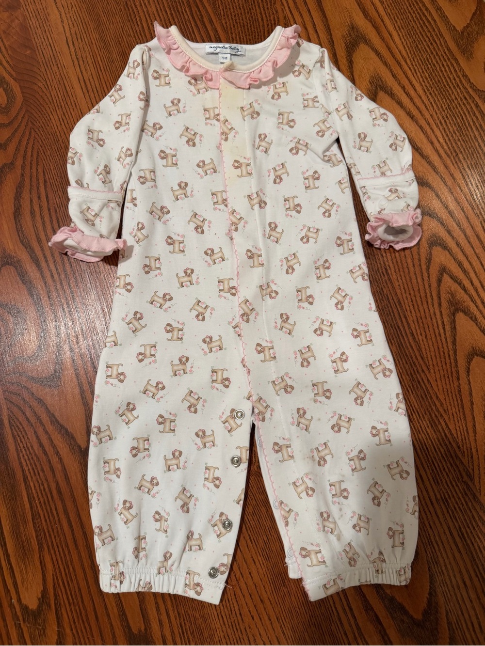 Magnolia Pink and Cream Puppy Convertible Gown/Romper with Ruffle Collar